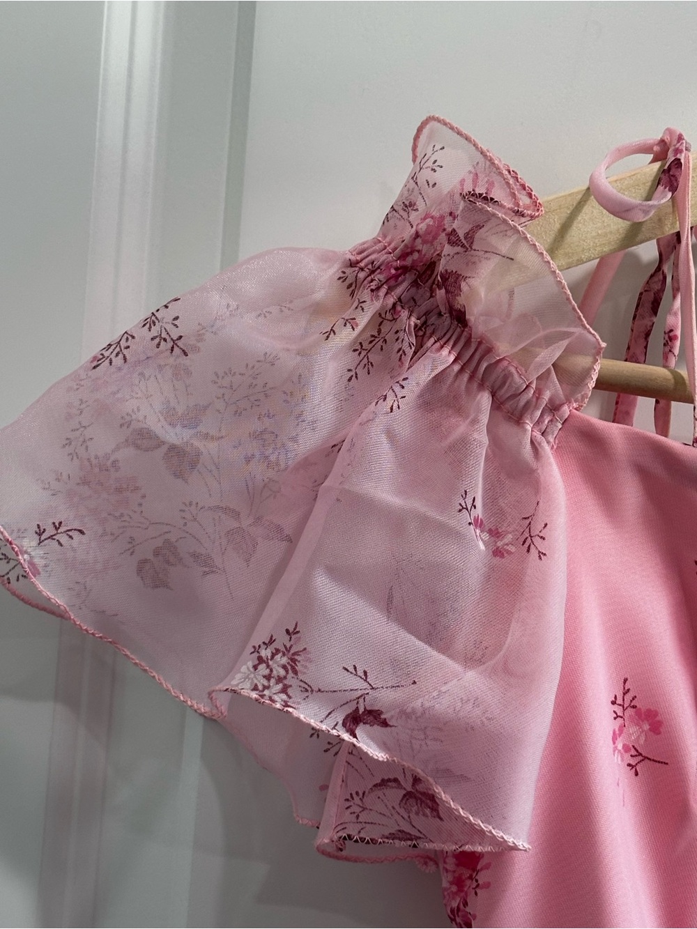 Vintage 60-70’s Pink Chiffon Floral Ruffle-Tiered Dress - Picture 5 of 9